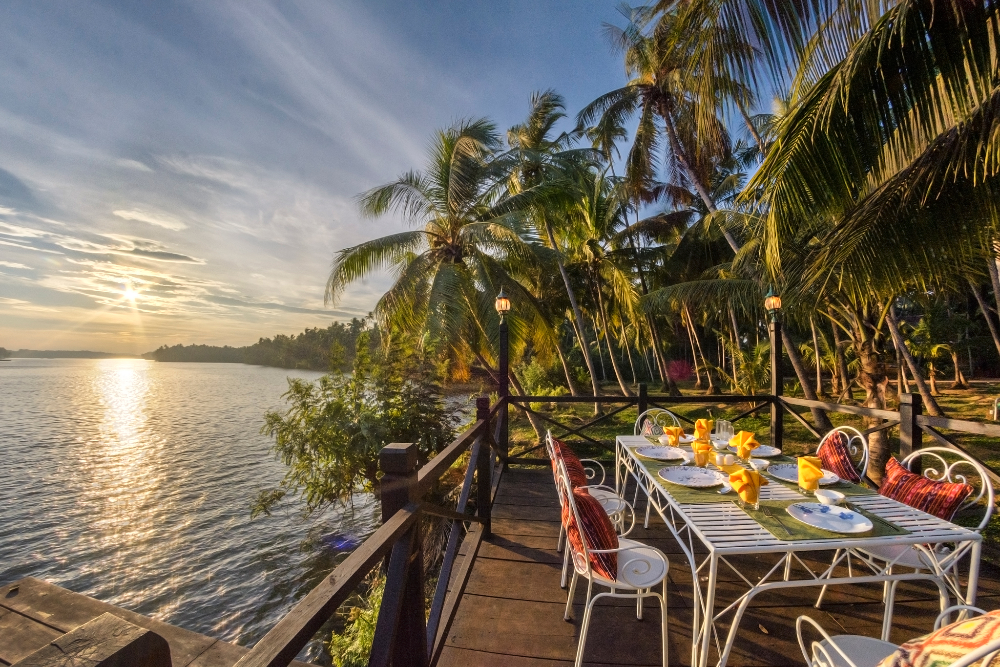 Dine by the river, Romantic Dinner, SaffronStays Suvarna Sangam, Udupi, Suvarna River, Palm trees