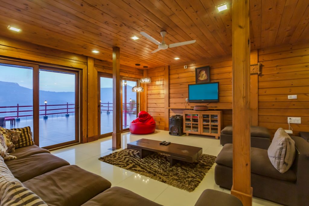 wooden chalet, hill view, sitting area