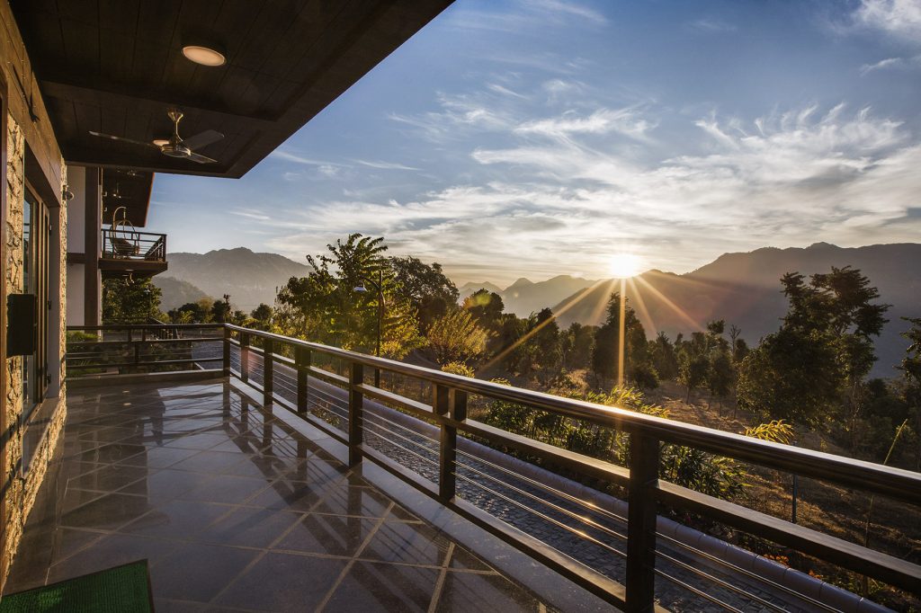 Sun rise, Mountains, balcony, lush greenery