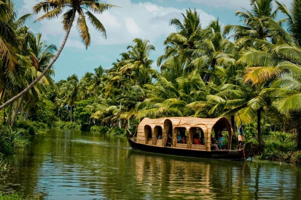Kerala backwaters in the monsoon, Alleppey, with rain falling on the water and lush green palms on the banks in June
