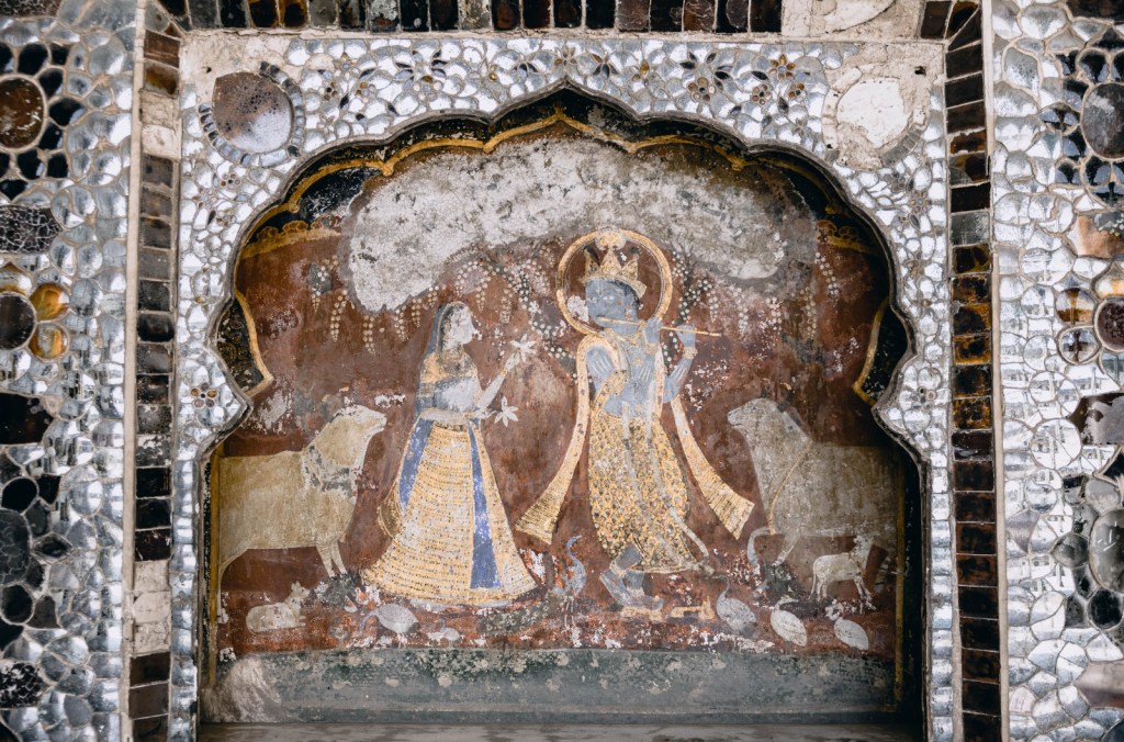 Close-up of hand-painted Mewar miniature painting detail, Udaipur