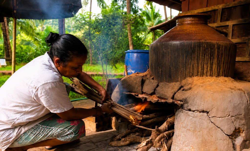 A traditional clay bhatti used for distilling cashew feni in rural Goa