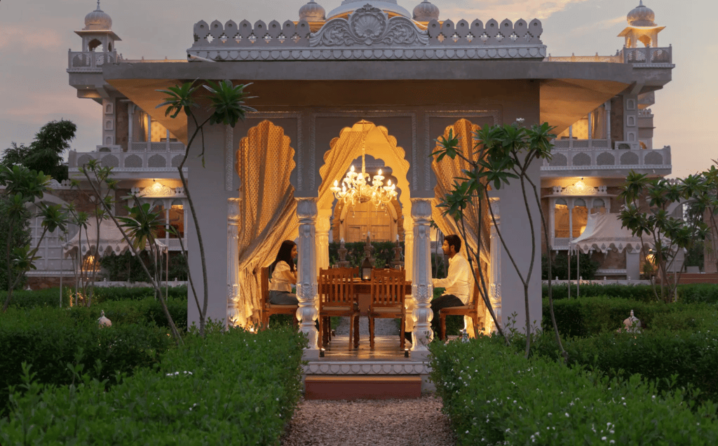 Heritage haveli courtyard in the Jaipur countryside at sunset