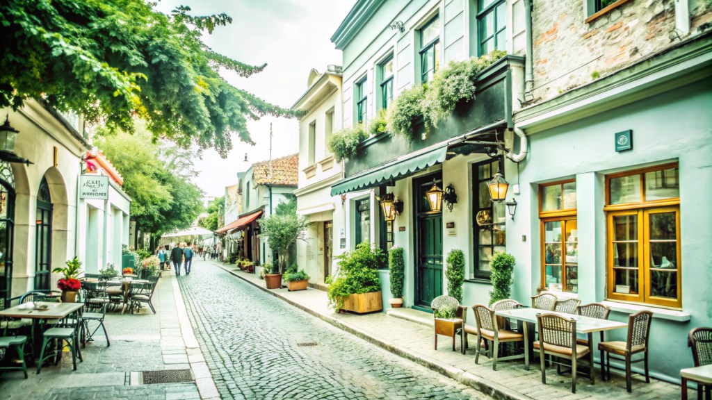 A picturesque cobblestone street with quaint cafes and shops lined with greenery, featuring outdoor seating and visitors walking along the path.